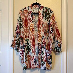 Zara Hanoi Kimono Top Size M Ikat Print Colorful Pockets Linen Blend NO BELT
